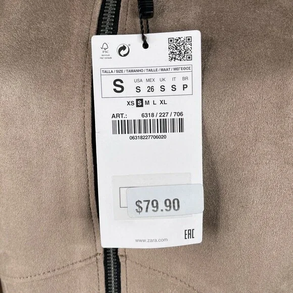 NEW Zara Basic Outerwear Faux Leather Coat Size S Beige Fringe Accents Zip Front - Picture 3 of 7